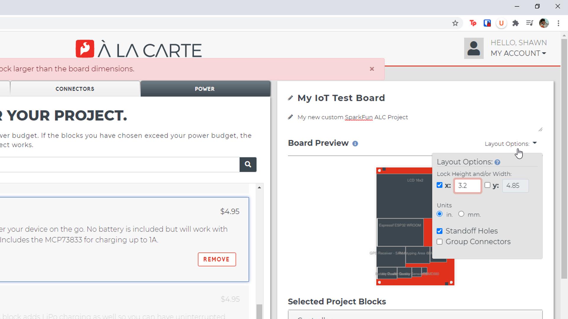 Board size in SparkFun ALC