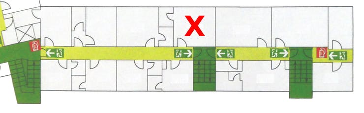 The corridor and my room marked with x